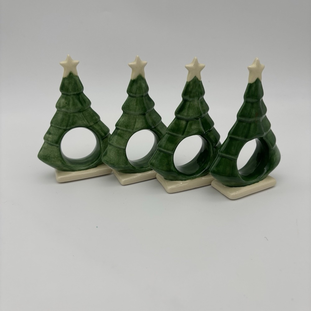 Christmas Ceramic‎ Tree Napkin Rings Handmade & Perfect! Set Of 4 Vintage